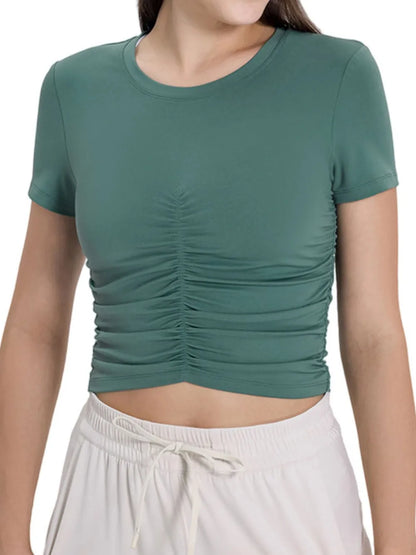 Millennia Ruched Round Neck Short Sleeve Active T-Shirt - Fashorio