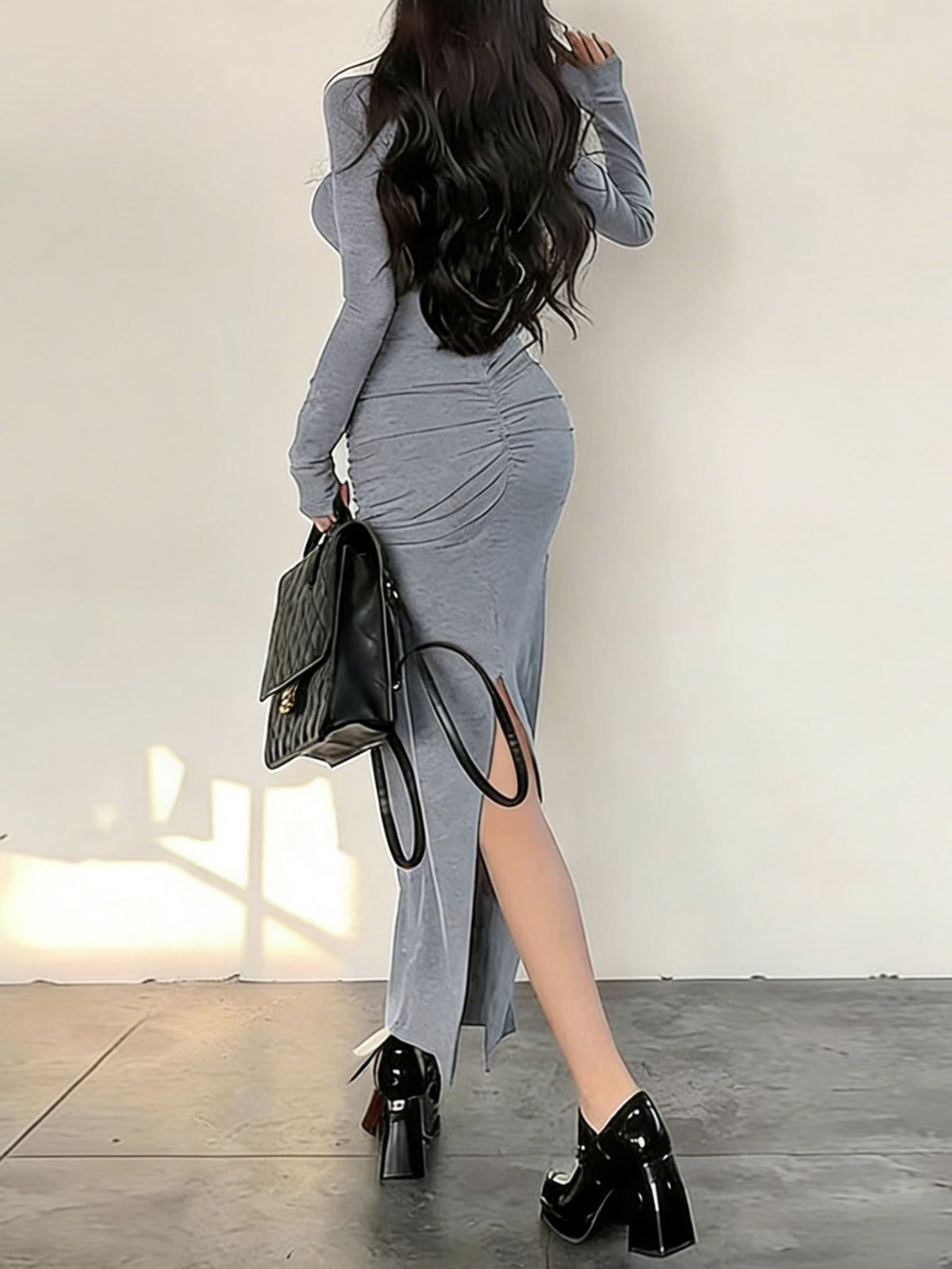 Ruched long sleeve bodycon maxi dress with slit back view