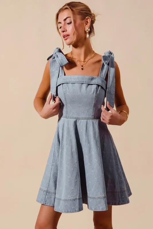 SO ME A Line Fit and Flare Diamond Bow Ribbon Denim Dres - Fashorio
