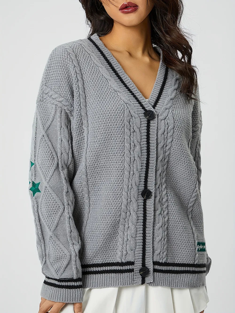 Star Embroidered V-Neck Long Sleeve Cardigan Gray One Size - Fashorio