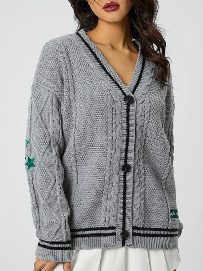 Star Embroidered V-Neck Long Sleeve Cardigan Gray One Size - Fashorio