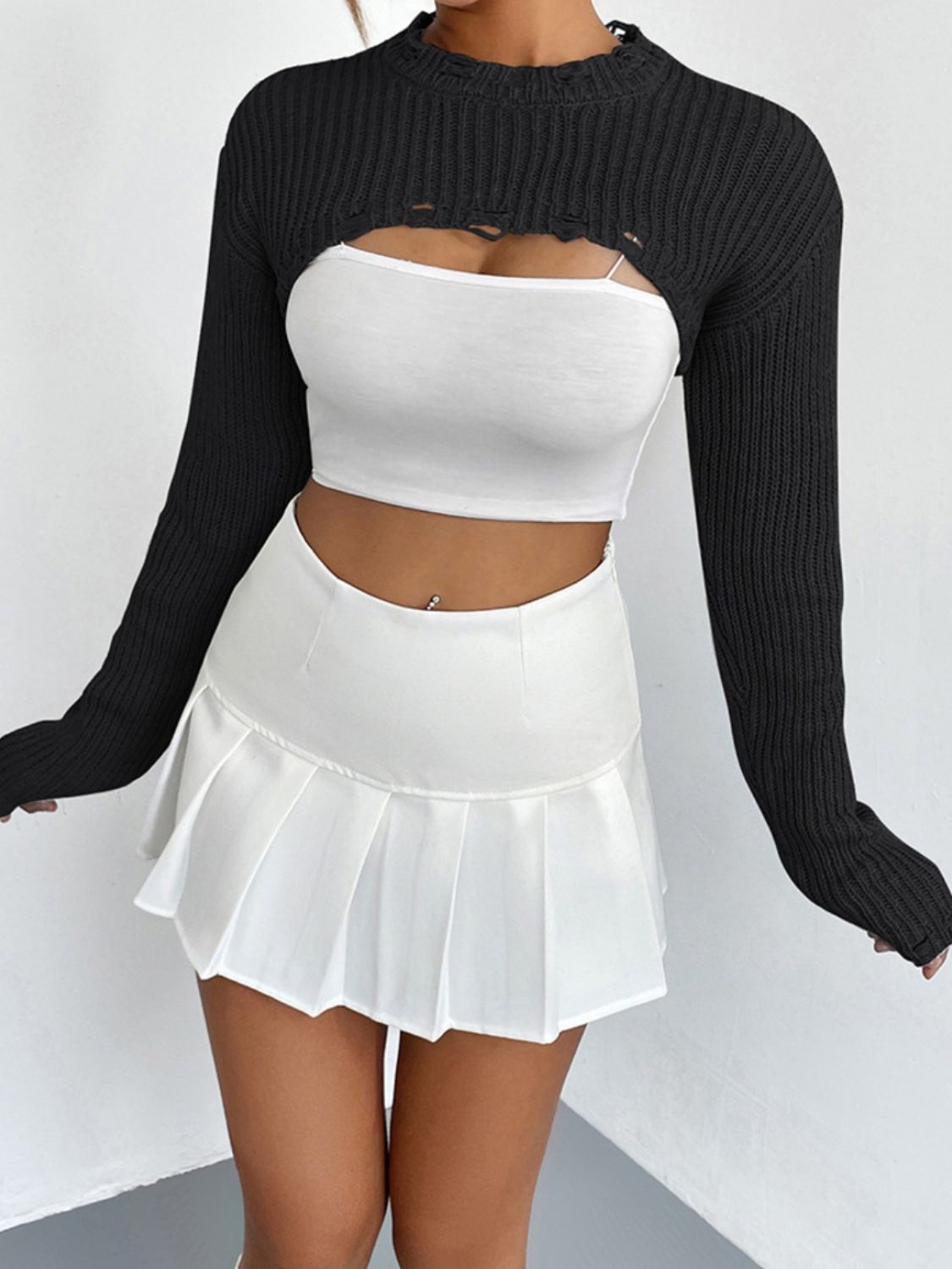 Distressed Long Sleeve Cropped Sweater - Fashorio