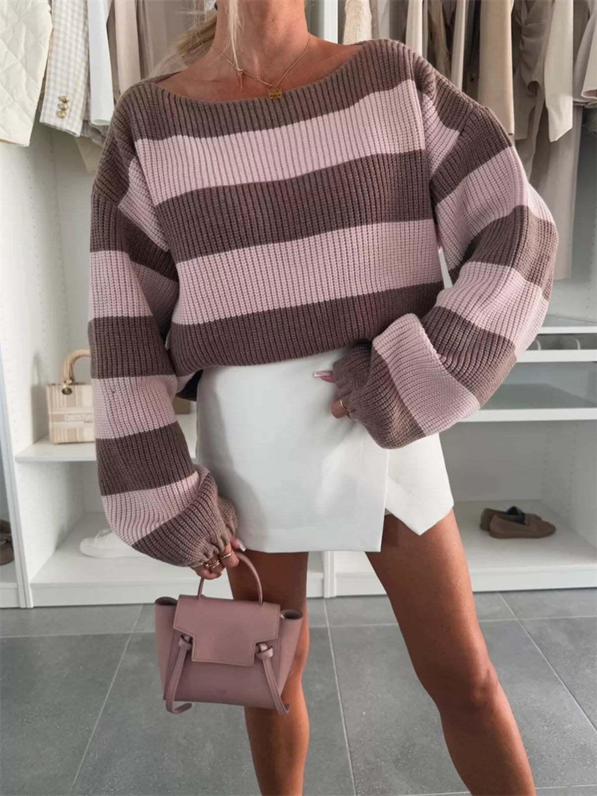 contrast striped long sleeve sweater pink and brown front view