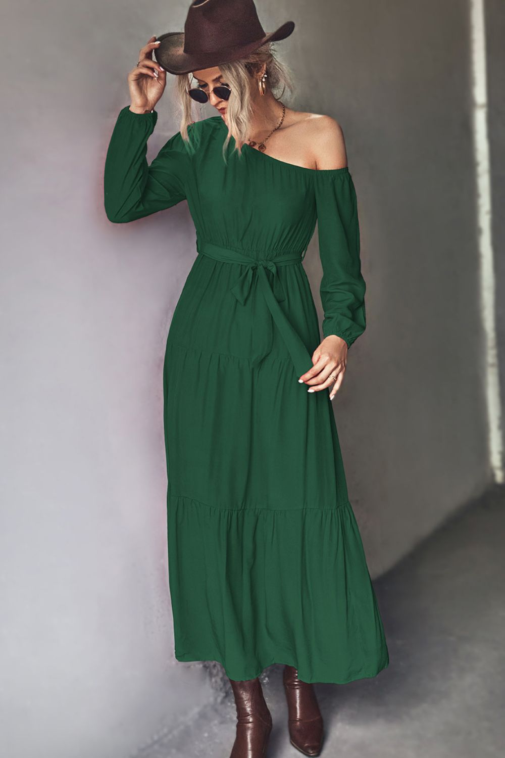 Belted One-Shoulder Tiered Maxi Dress Green - Fashorio