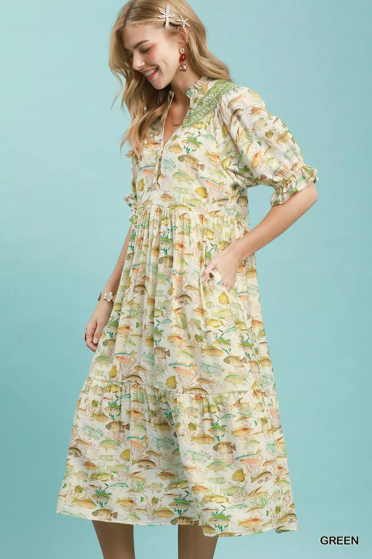 Green tiered midi dress puff sleeve detail
