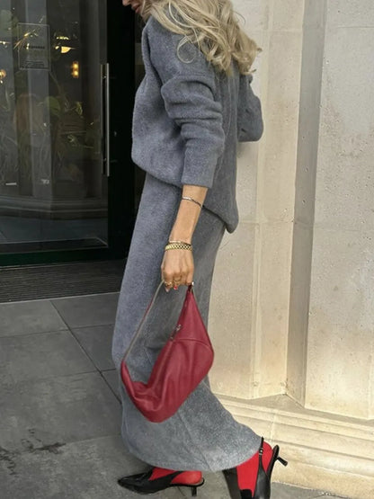 Round Neck Dropped Shoulder Top and Midi Skirt Sweater Set - Fashorio