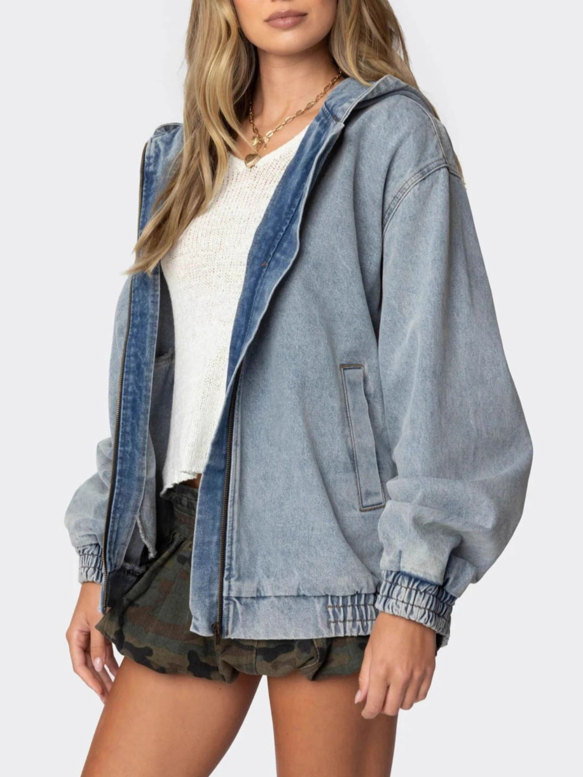 Hooded Oversized Zip Up Denim Jacket in Light Blue back view