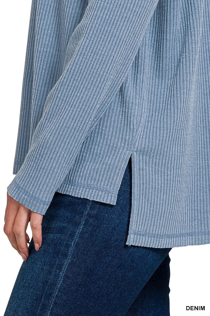 Ribbed Drop Shoulder Round Neck Sweater in Denim Blue detail