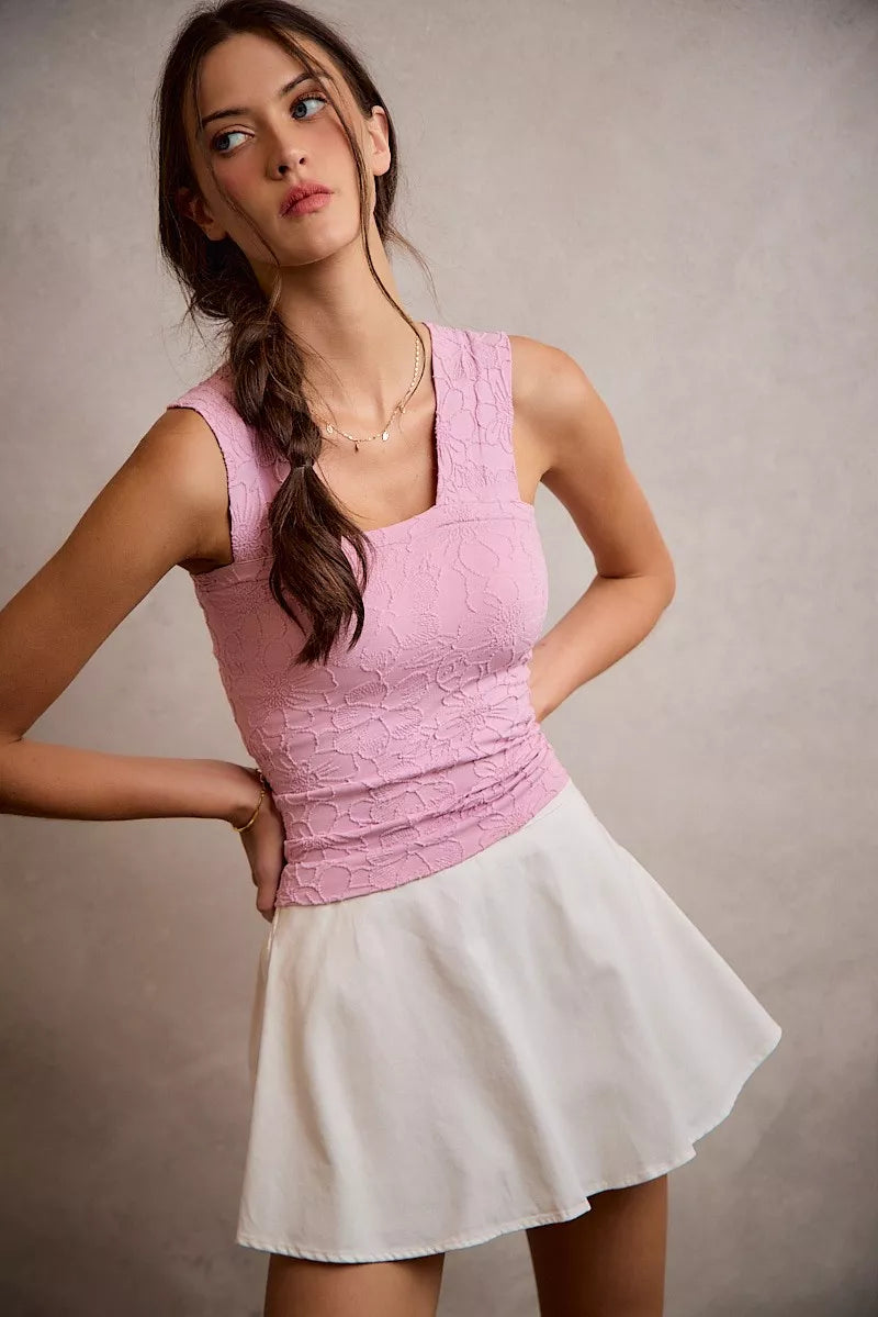 White denim bubble skort with smocked back waist styled view