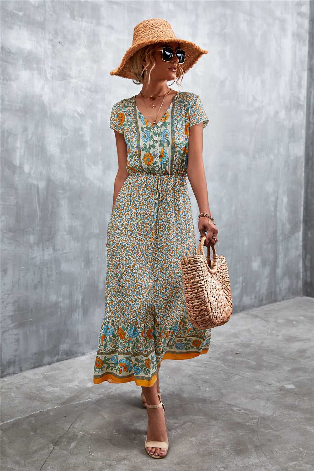 V-Neck Short Sleeve Printed Maxi Dress - Fashorio