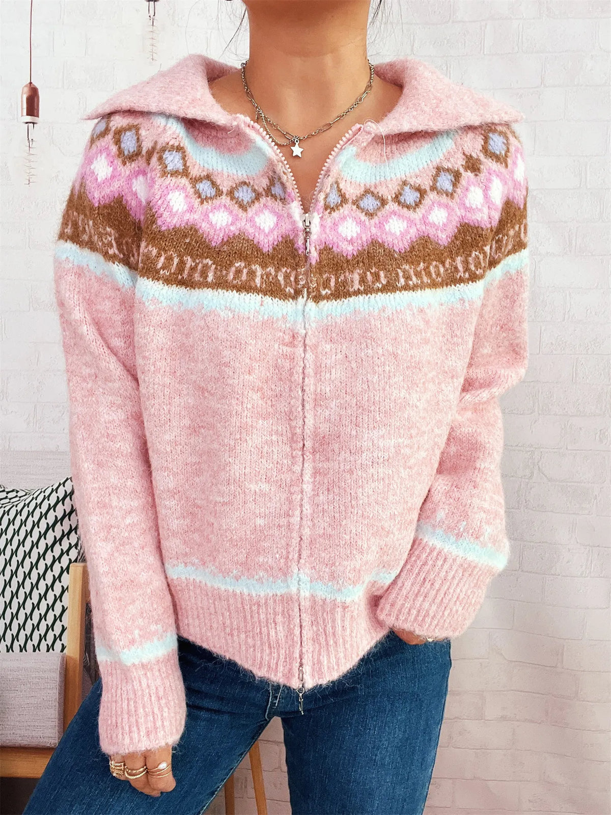 fair isle pattern zip up cardigan close fabric detail