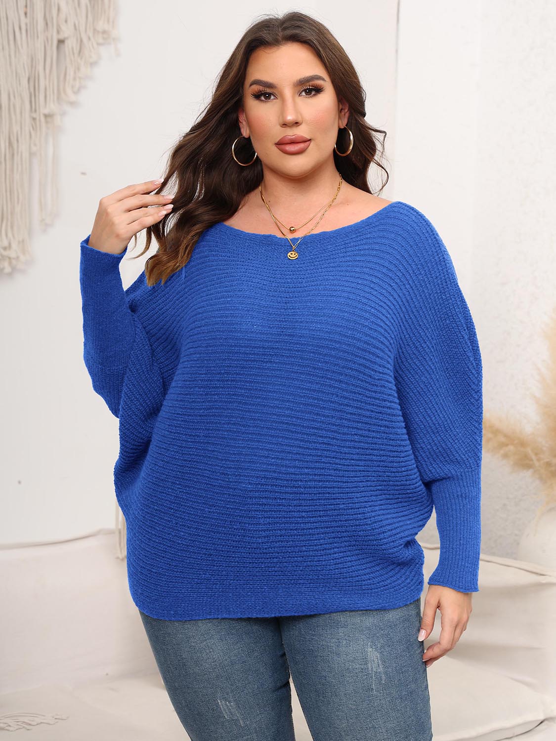 Full Size Boat Neck Batwing Sleeve Sweater - Fashorio