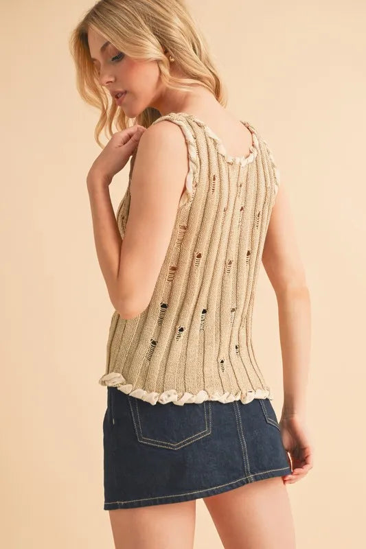 Khaki knit tank top on model front styling