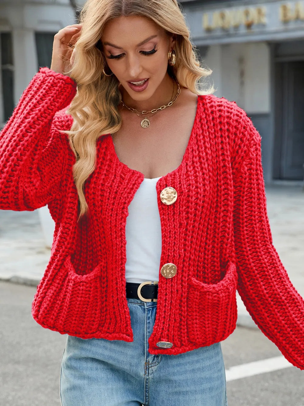 Round Neck Button Up Cardigan with Pockets - Fashorio