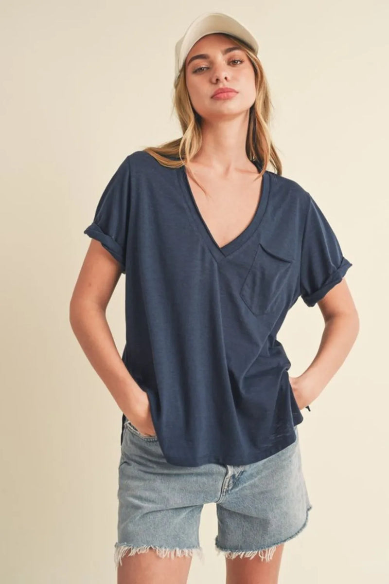 Side slit v neck rolled sleeve tee in dark navy front view