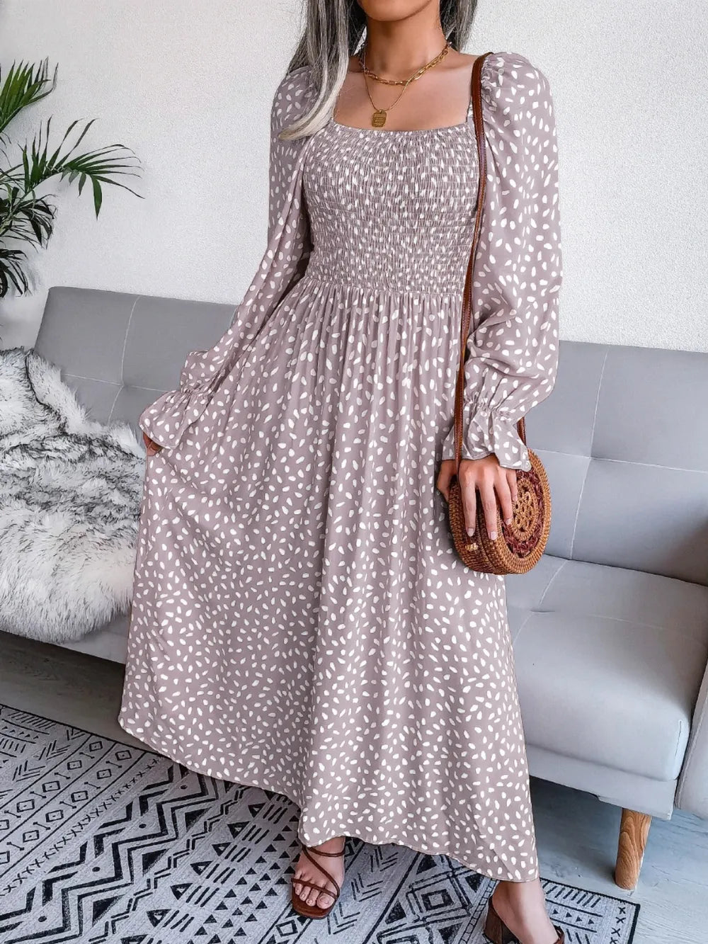 Smocked square neck flounce sleeve dress view 16