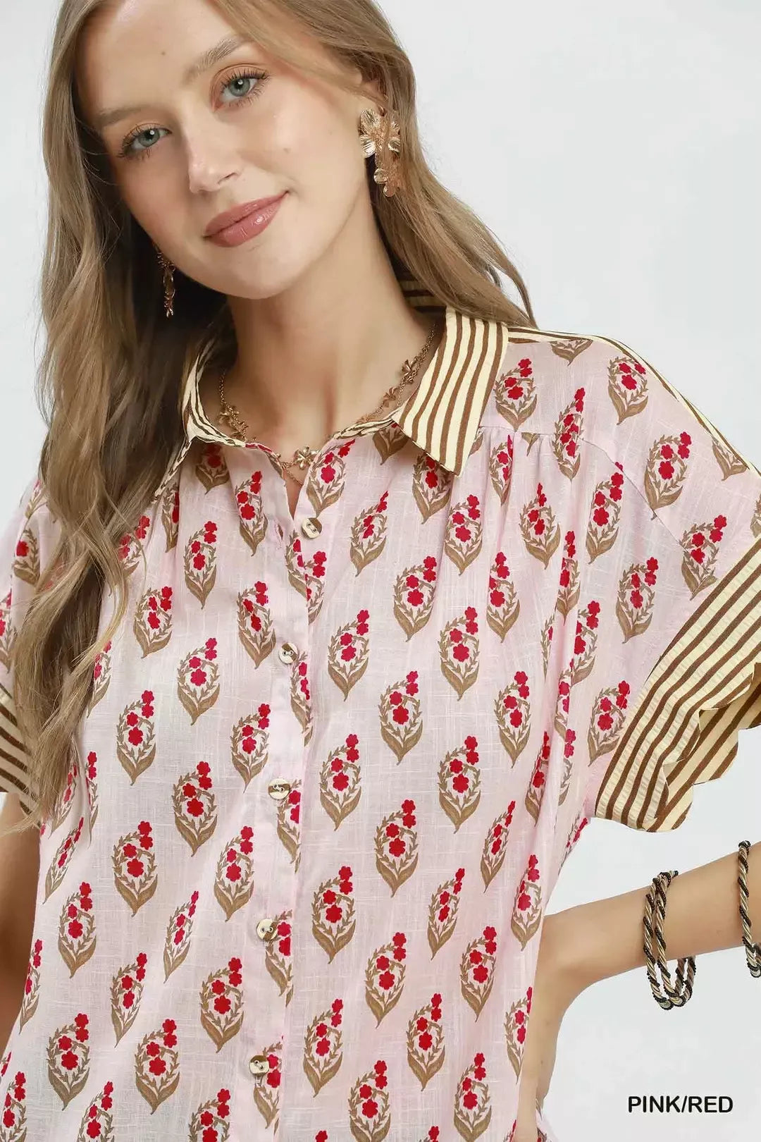 Block print shirt striped ruffle cuff detail