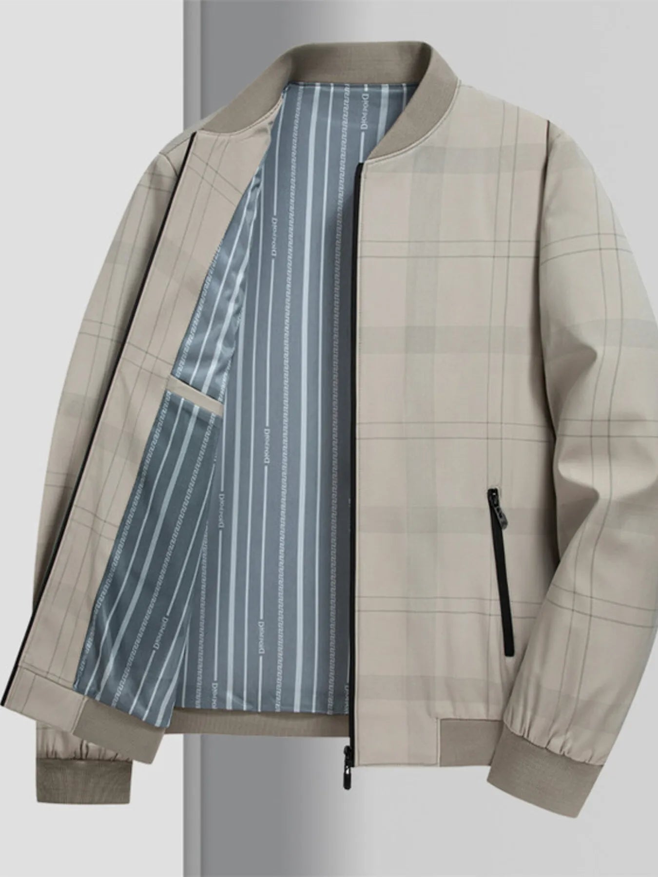 Men's Plus Size Zip Up Long Sleeve Jacket Rice Apricot Color - Fashorio