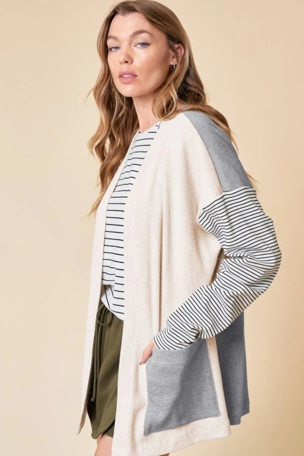Open Front Long Sleeve Striped Cardigan with Pockets - Fashorio