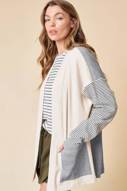 Open Front Long Sleeve Striped Cardigan with Pockets - Fashorio