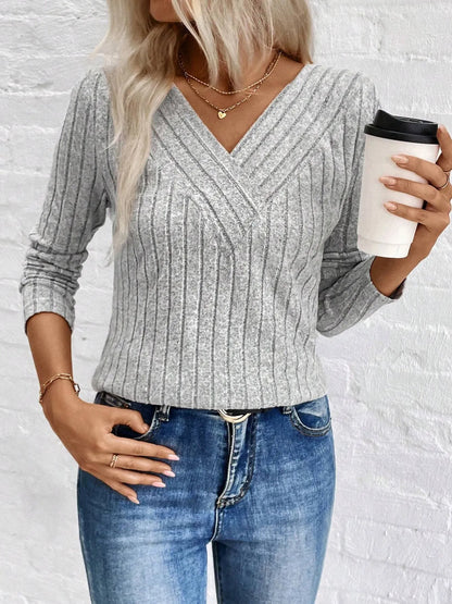 Ribbed V-Neck Long Sleeve Knit T-Shirt - Fashorio