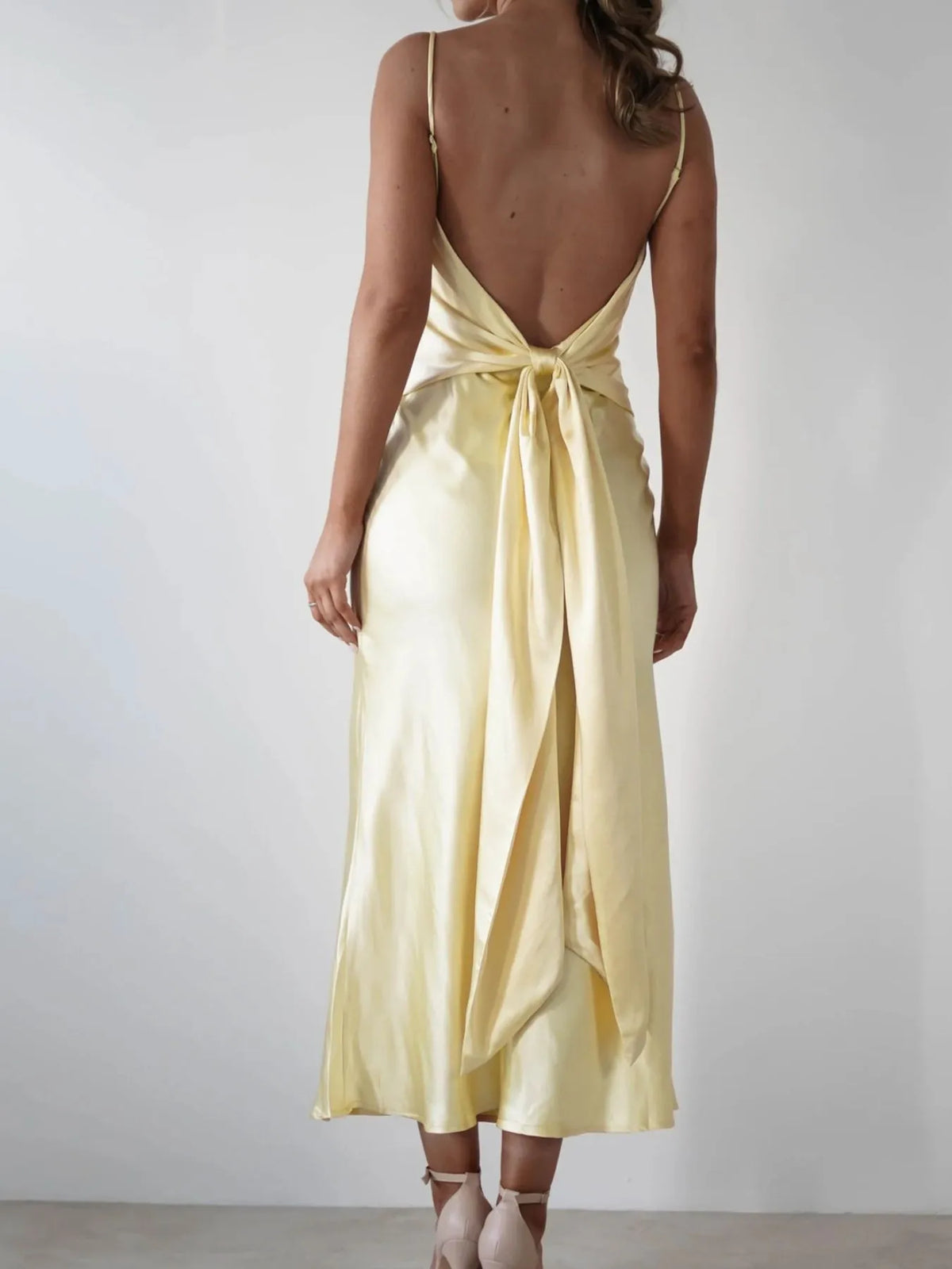 satin backless cami dress neckline detail