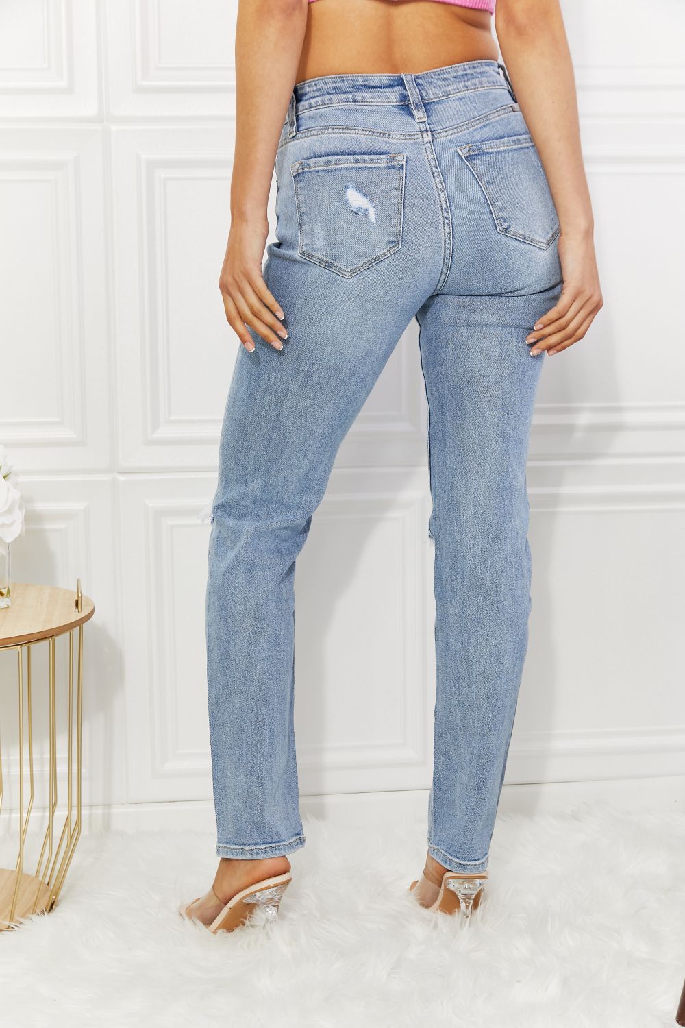 Kancan High Rise Distressed Slim Straight Jeans – Light Wash Denim - Fashorio