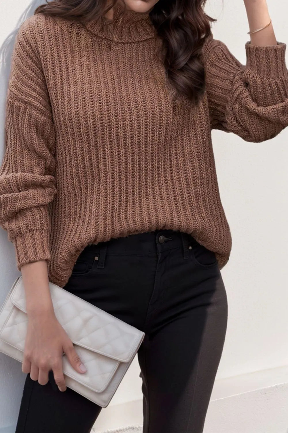Turtleneck Dropped Shoulder Pullover Sweater - Fashorio