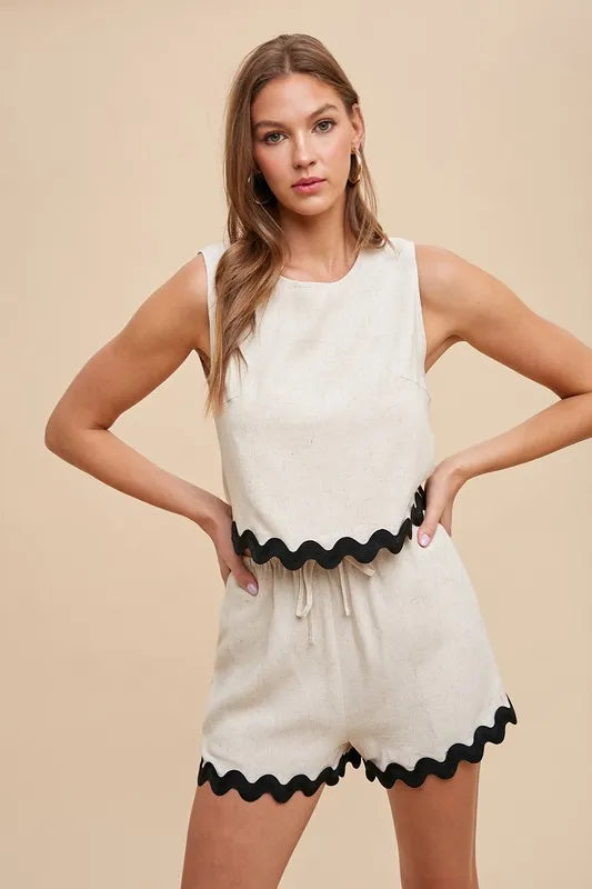 Annie Wear Ric Rac Trim Detailed Top & Shorts Set NATURAL - Fashorio