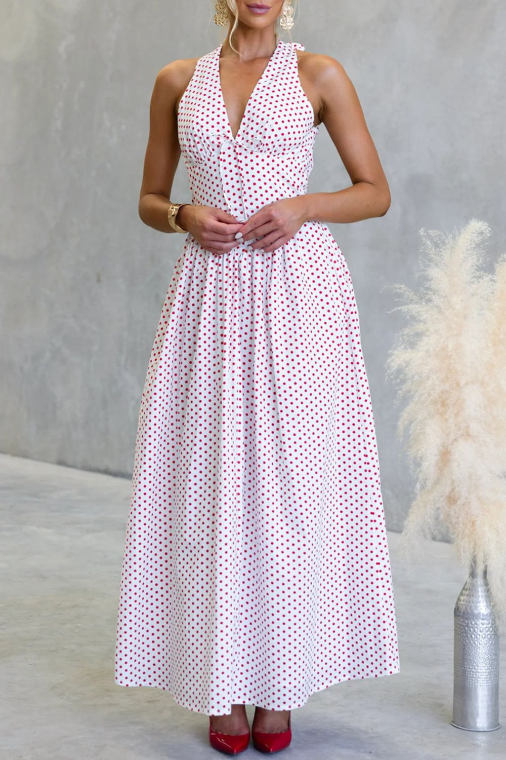 polka dot backless halter neck maxi dress back view