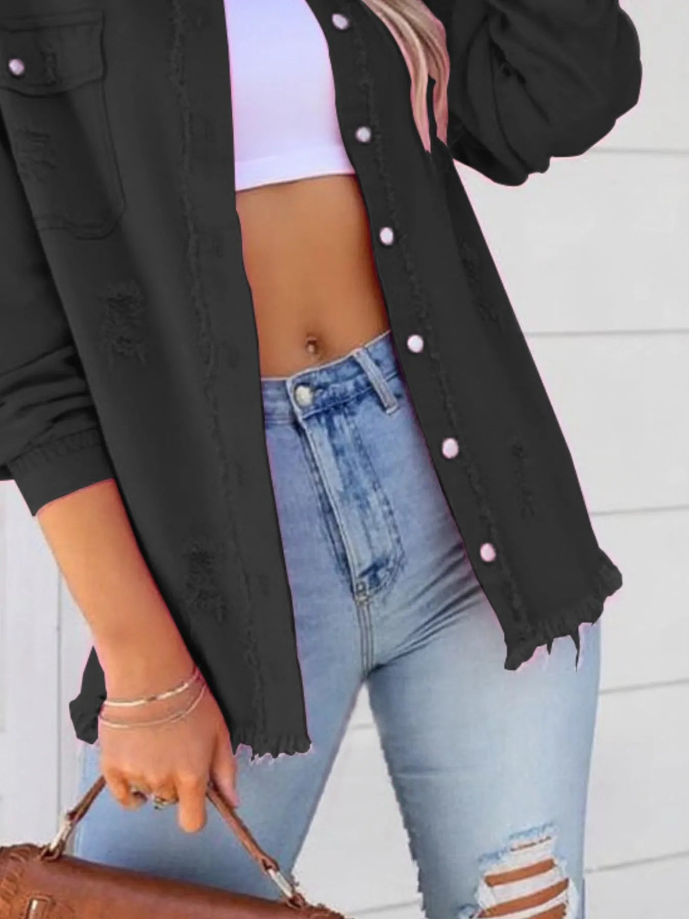 Distressed Denim Jacket with Frayed Edges - Fashorio