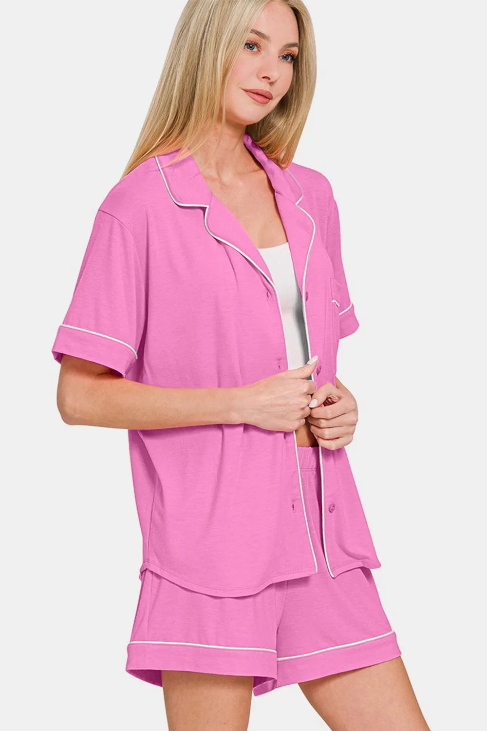 Zenana Button Down Short Sleeve Top and Shorts Lounge Set - Fashorio