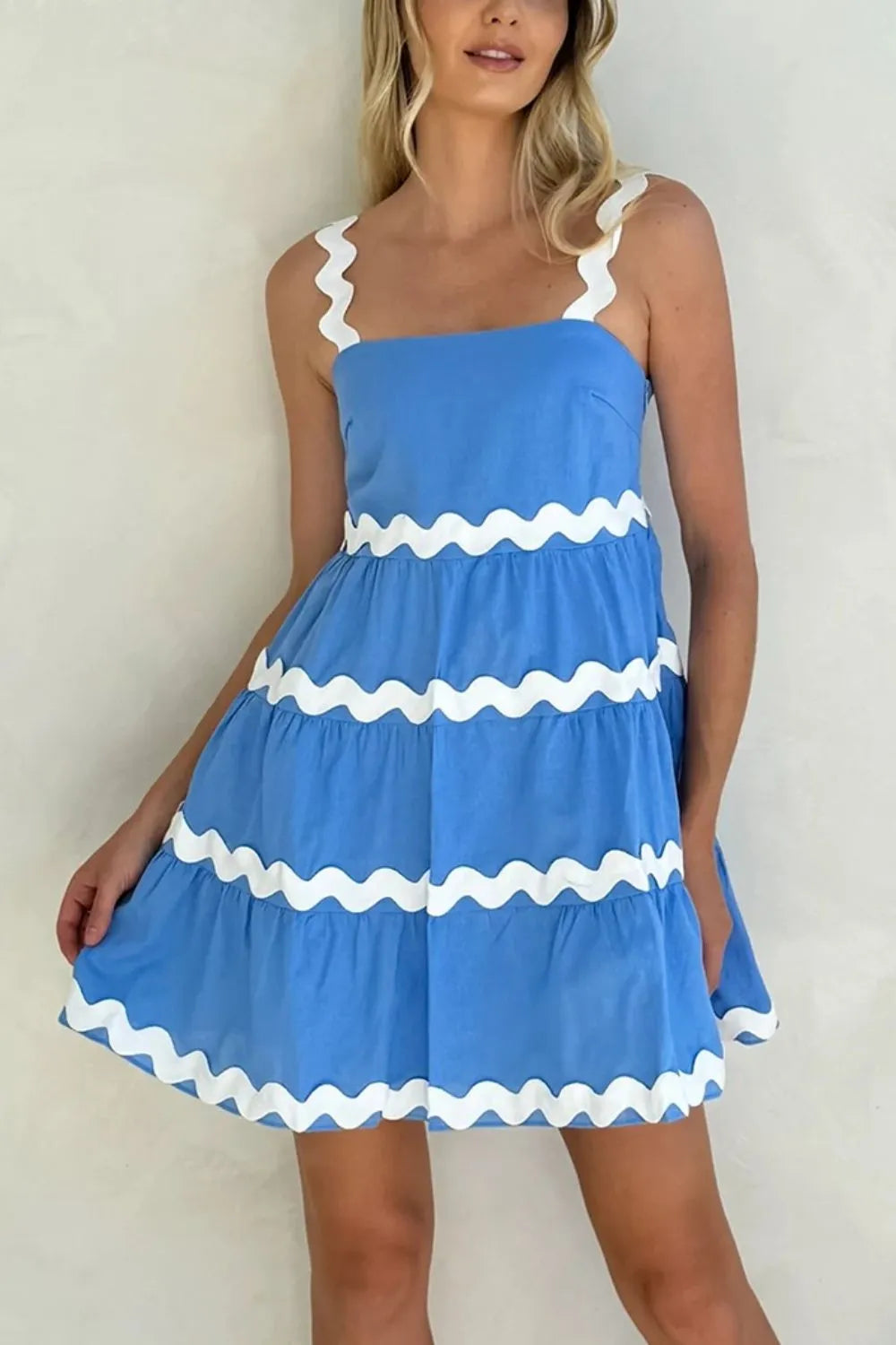 Square neck tiered dress in blue front view