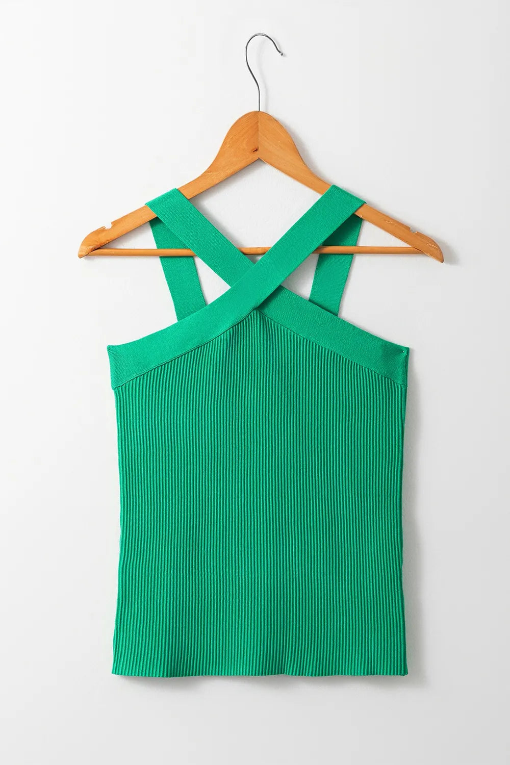 Ribbed Criss Cross Halter Sweater Tank in Green view 8
