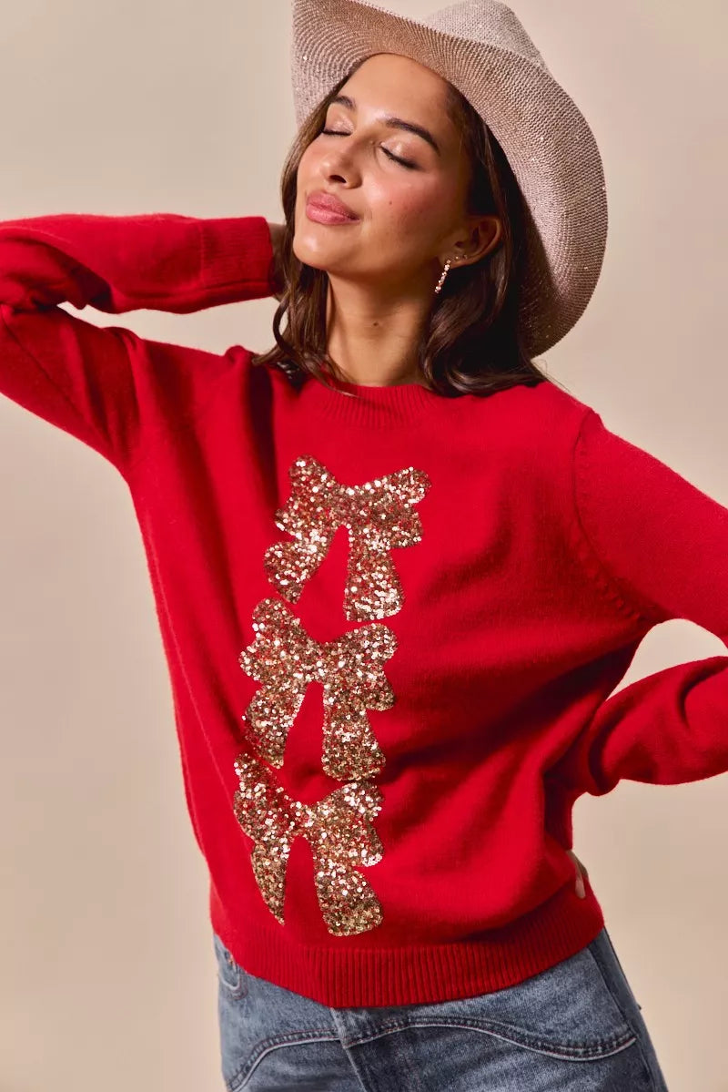 Sequin Bow Ribbon Christmas Sweater in Red and Gold side view