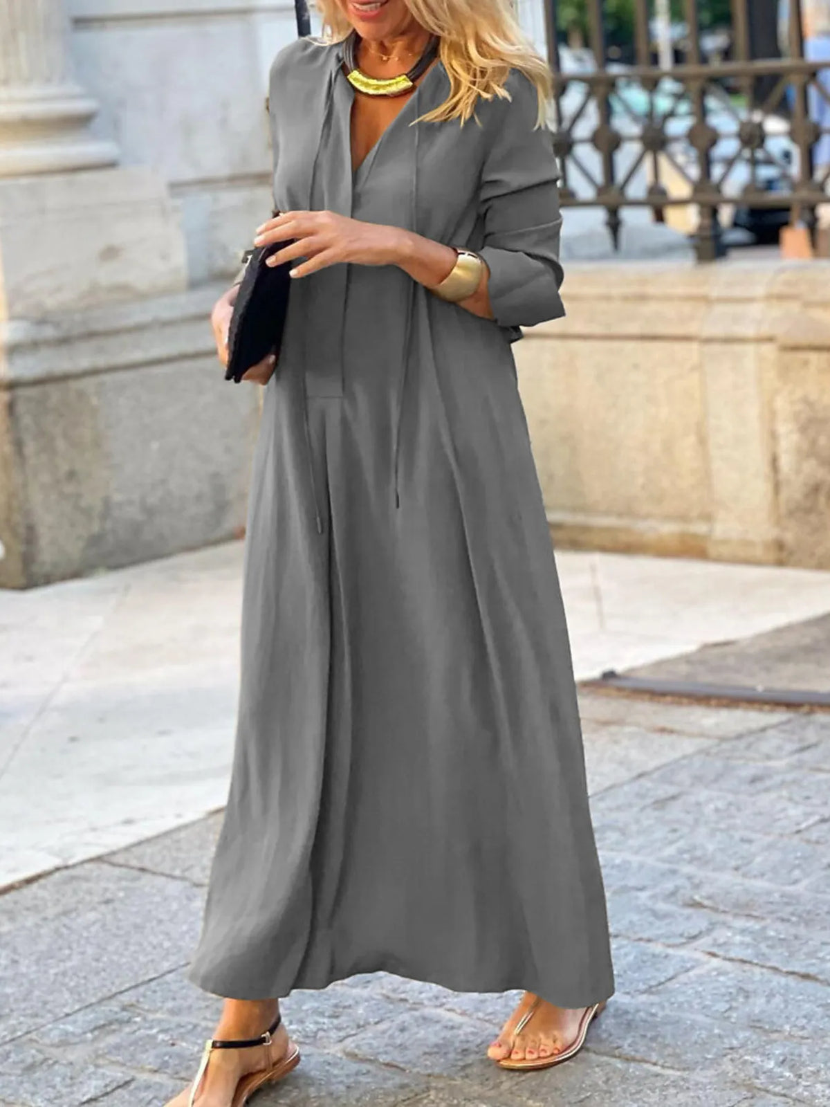 Solid maxi shirt dress movement shot