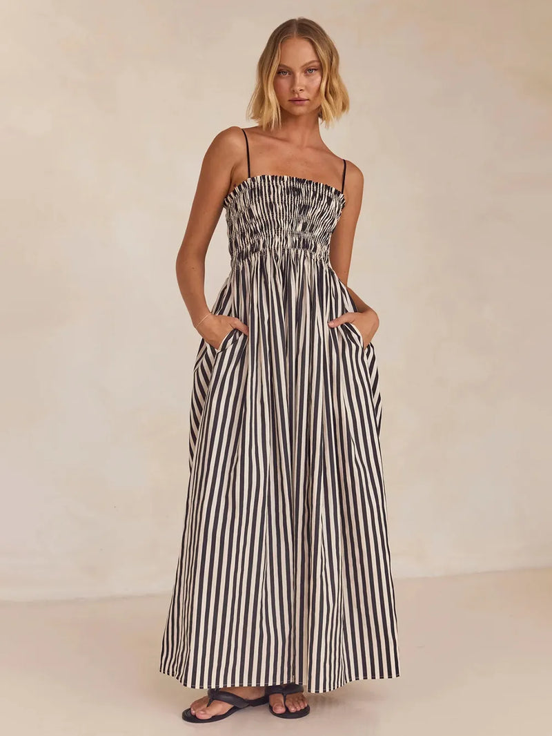 Striped smocked square neck dress in black and white front view