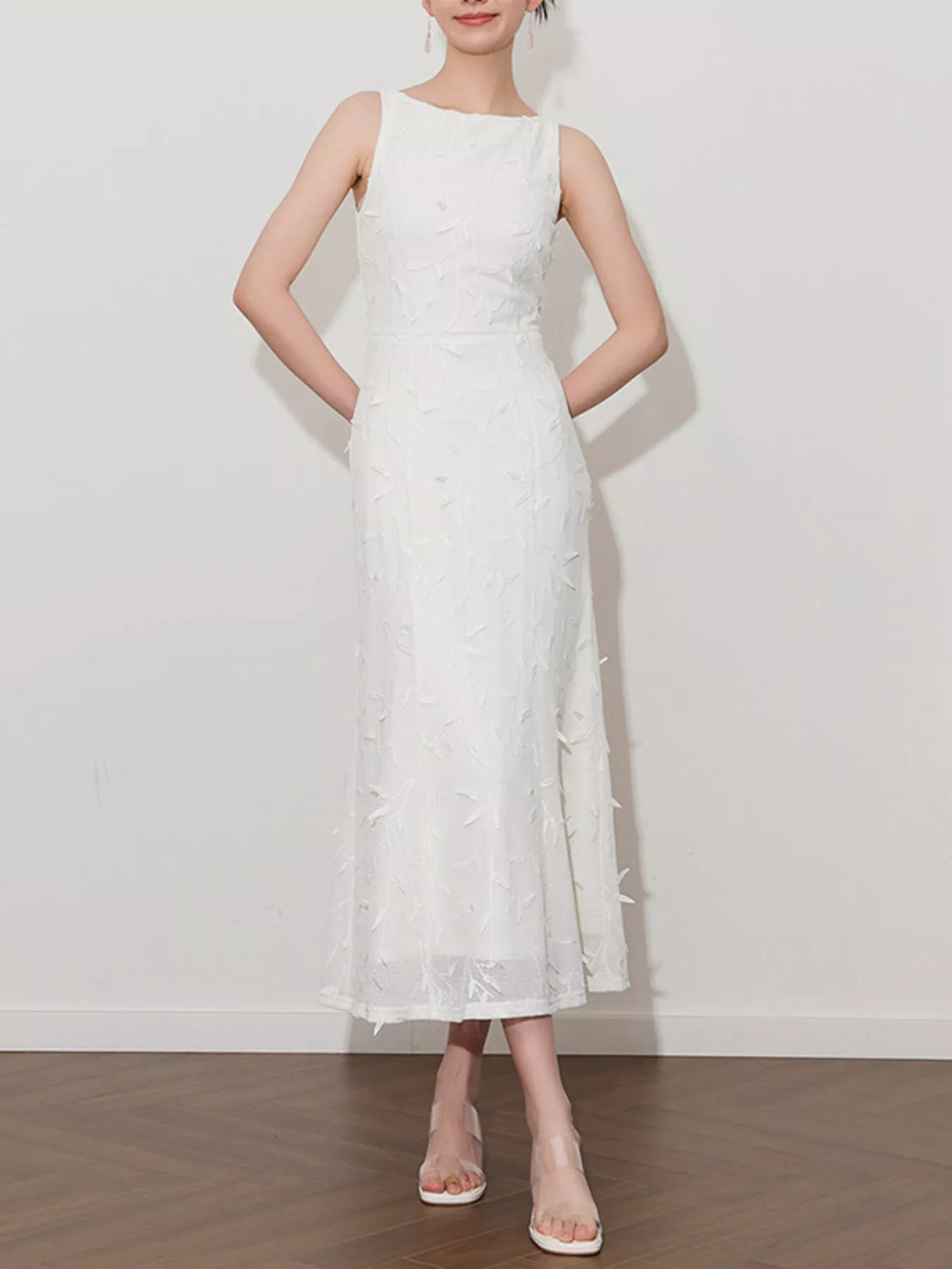 sleeveless floral applique off white midi dress front view