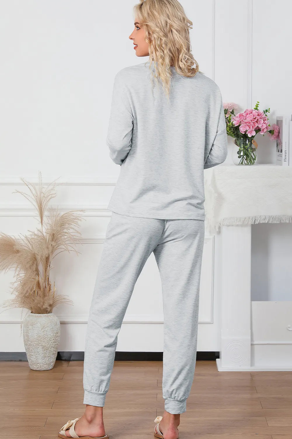Round Neck Top and Drawstring Pants Lounge Set - Fashorio