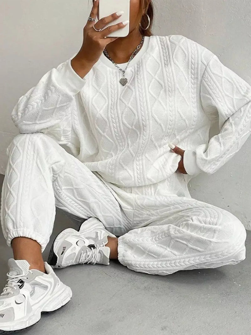 Textured round neck top and pants set front view