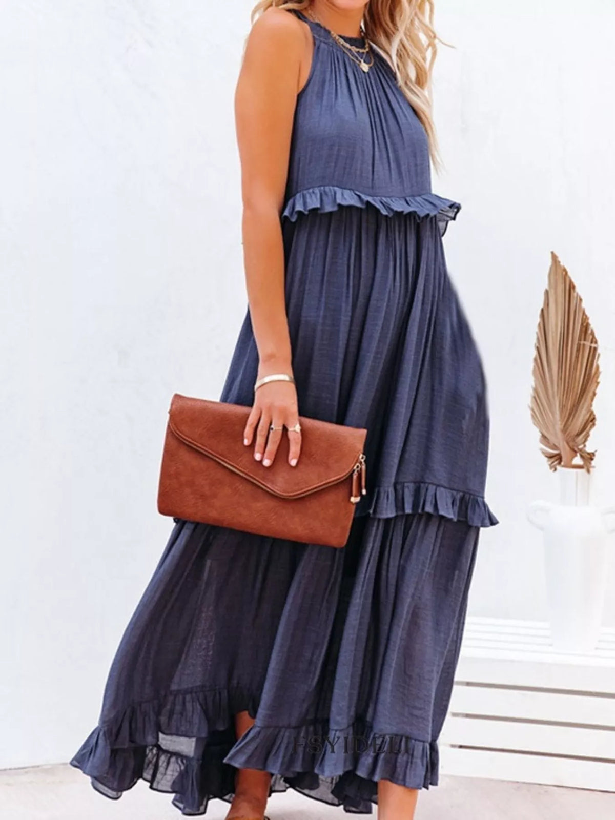 Ruffled tiered sleeveless maxi dress front view