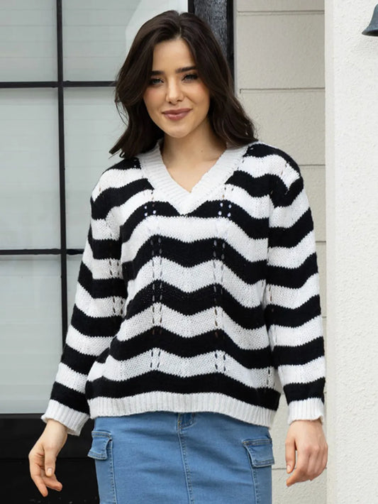 Openwork Striped V-Neck Sweater Black - Fashorio