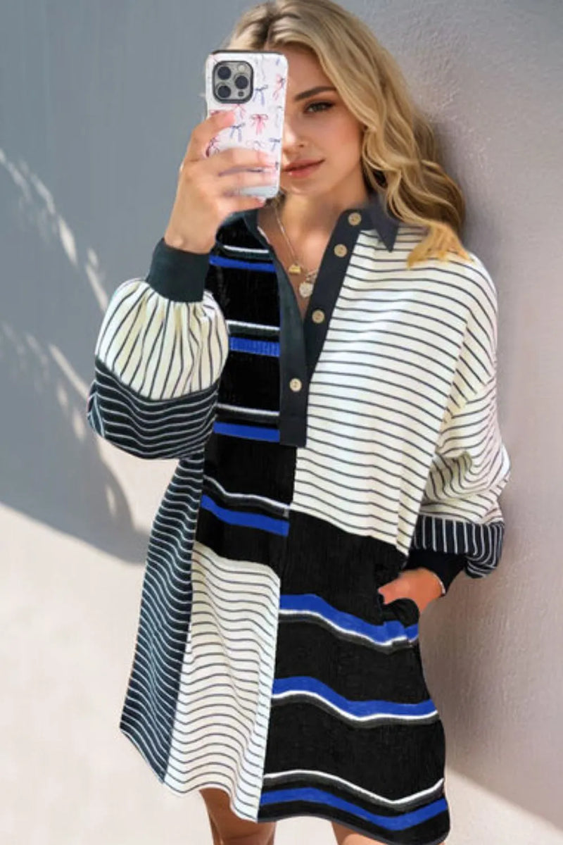 Striped half button long sleeve mini dress front view