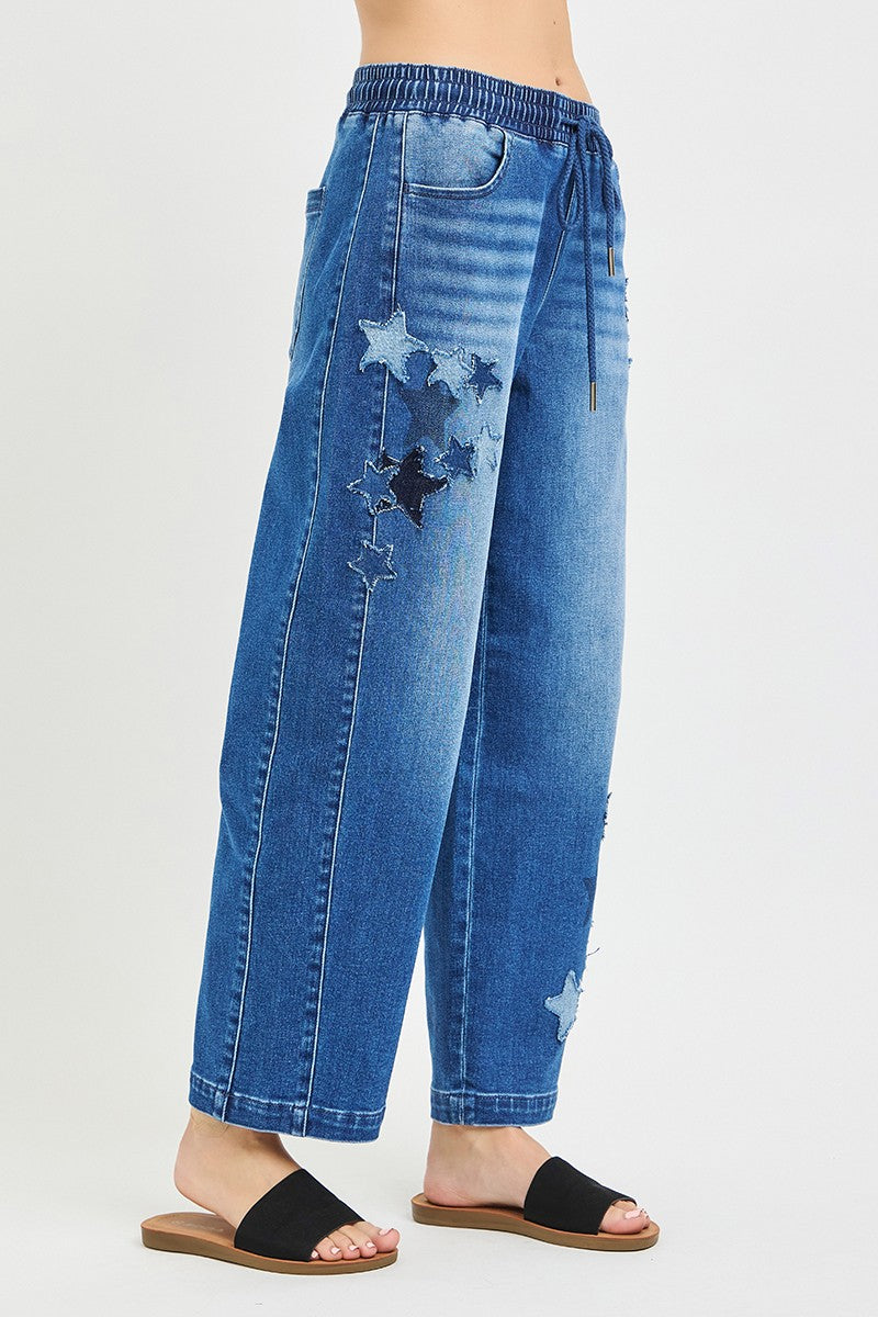 RISEN star patch detail on barrel jeans