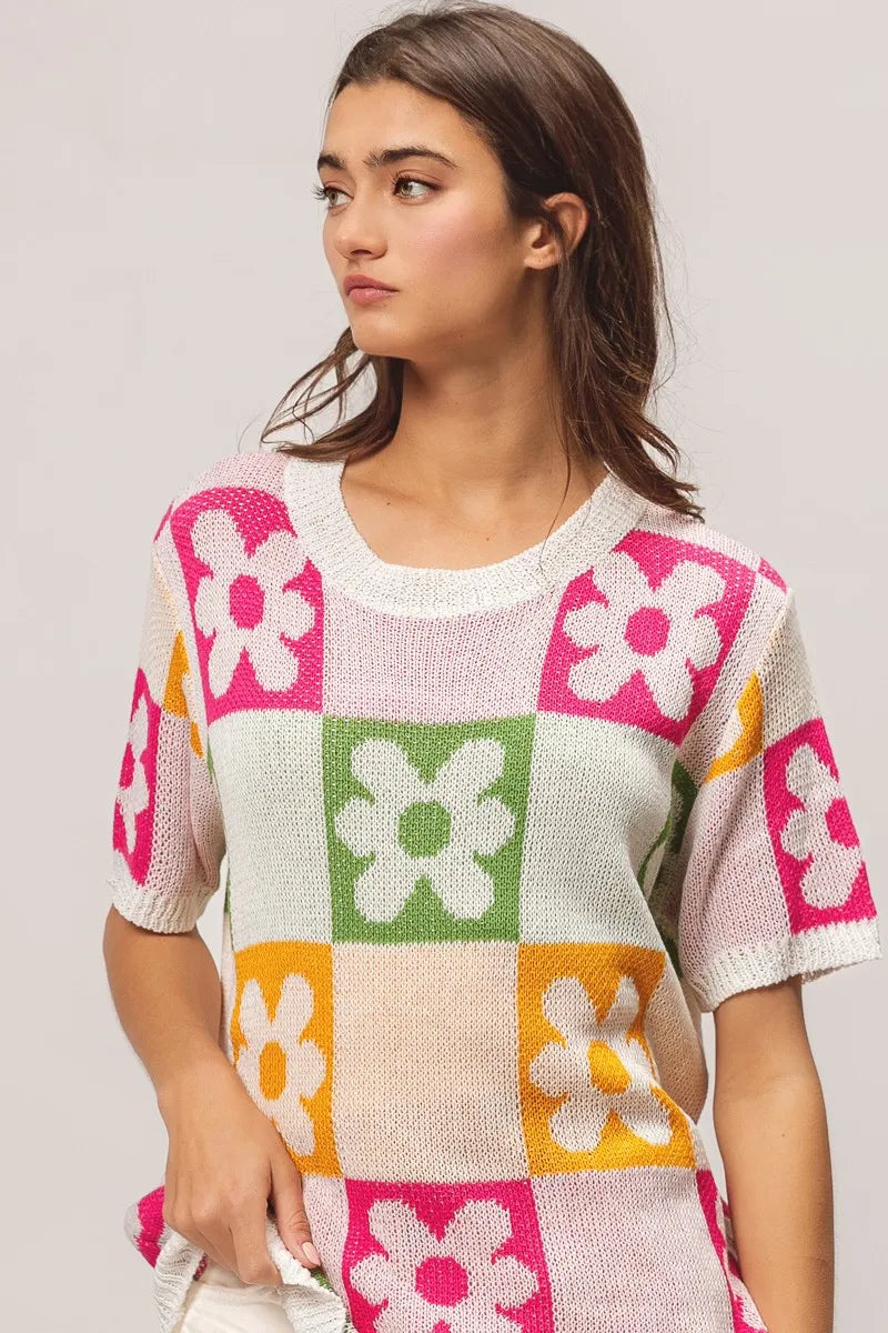 Floral Check Lightweight Sweater Top back view