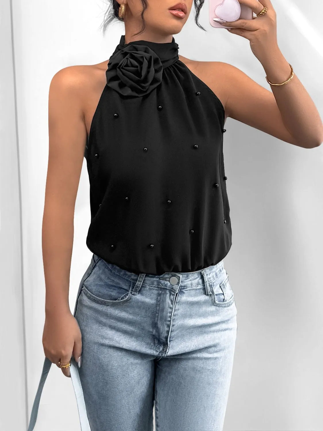 3D Flower Grecian Neck Bodysuit - Fashorio