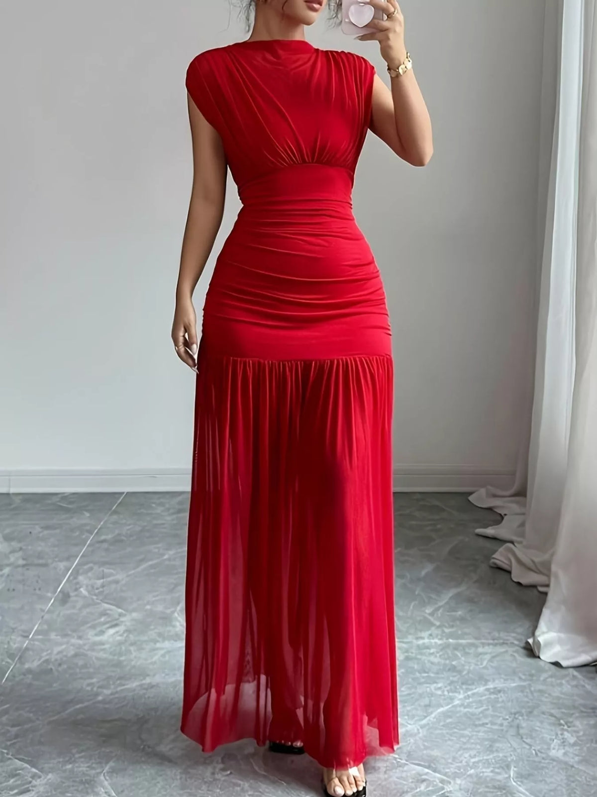 Red ruched cap sleeve maxi dress back view