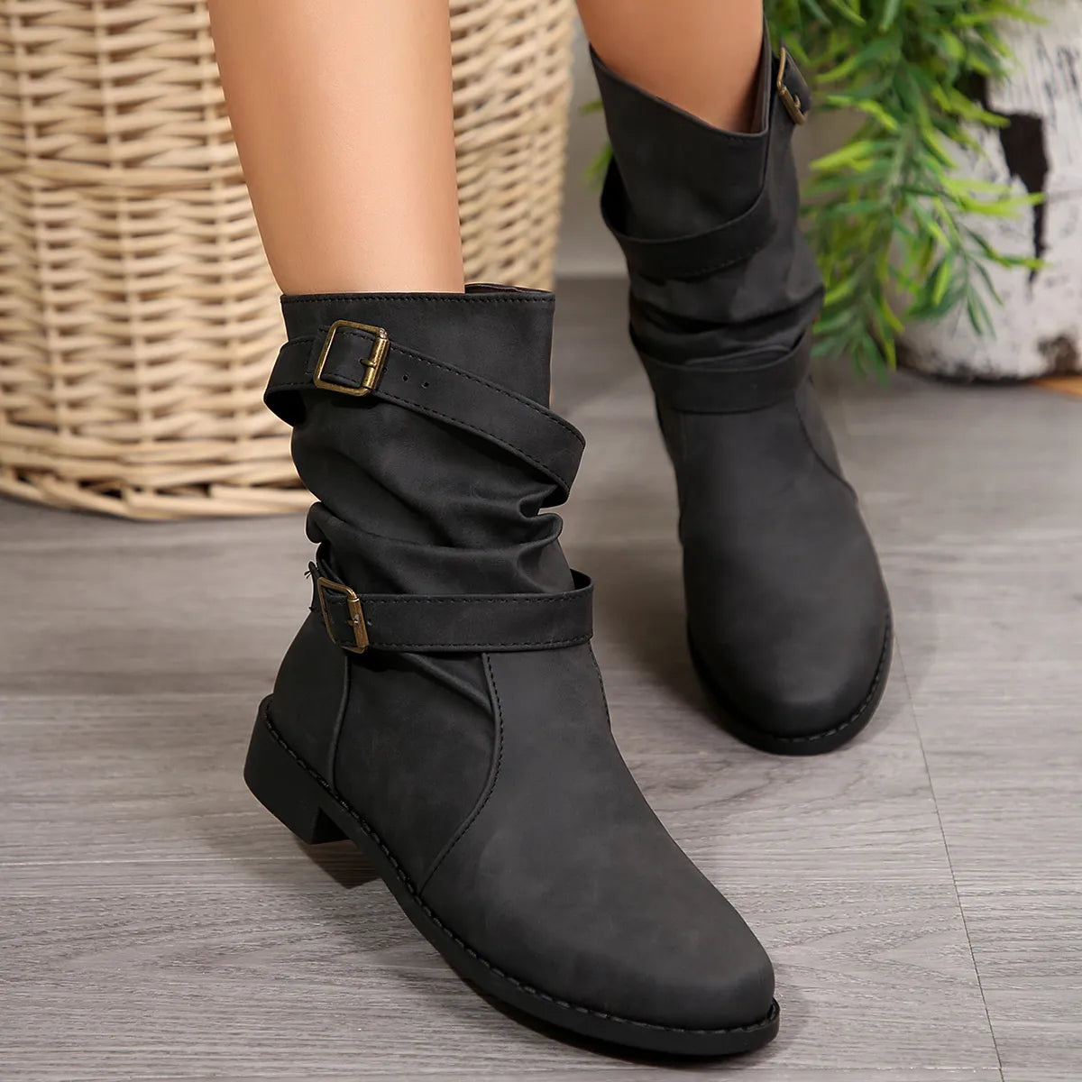 Mid calf buckle strap boots front view