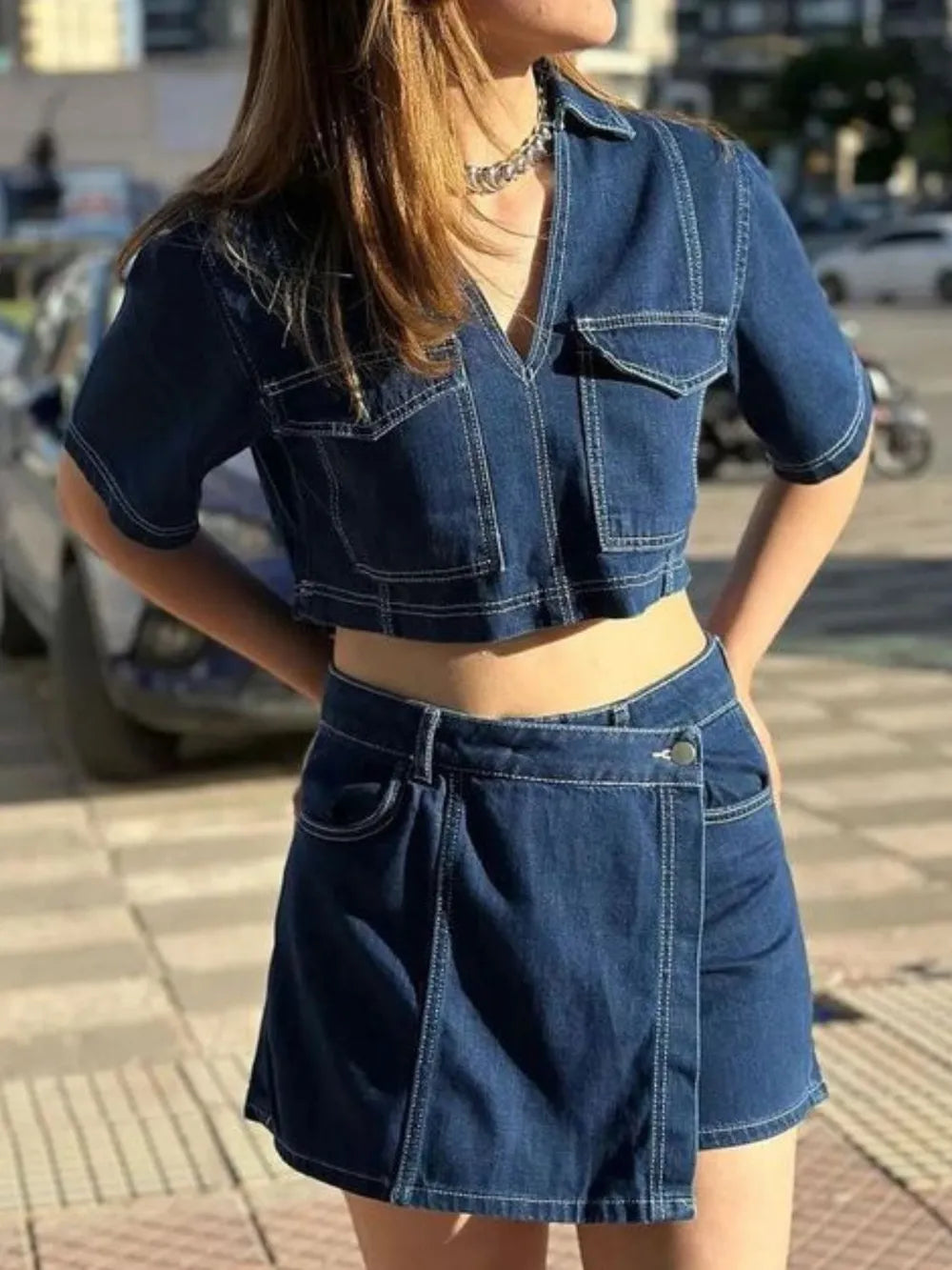 Johnny Collar Top and Skort Denim Set, view 5