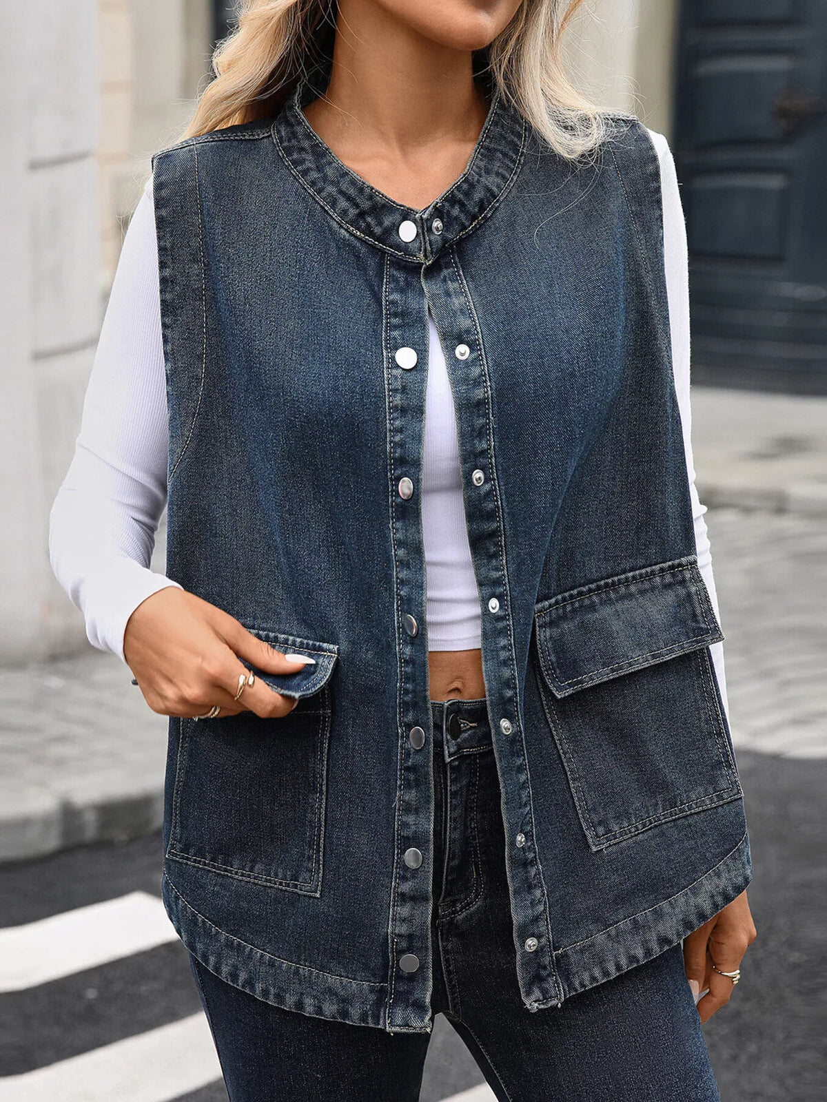 Snap Down Sleeveless Denim Vest in Black styled look
